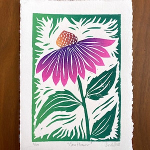 Cone Flower - block print - colorful linocut print