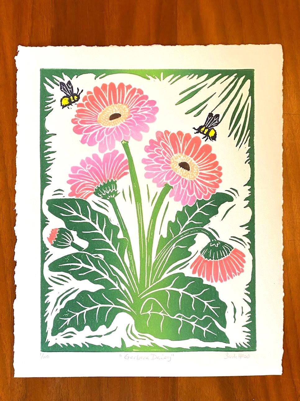 Gerbera Daisy - color block print - linocut art - flower and bee