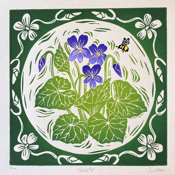 Violets - Flower Block Print - February Birth Month Flower - Multi