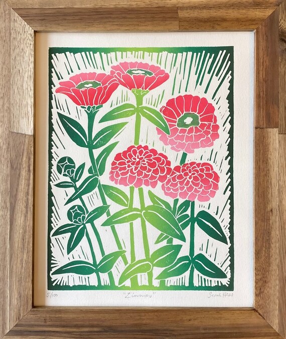 Zinnias Block Print: Handmade Linocut Floral Art, Signed