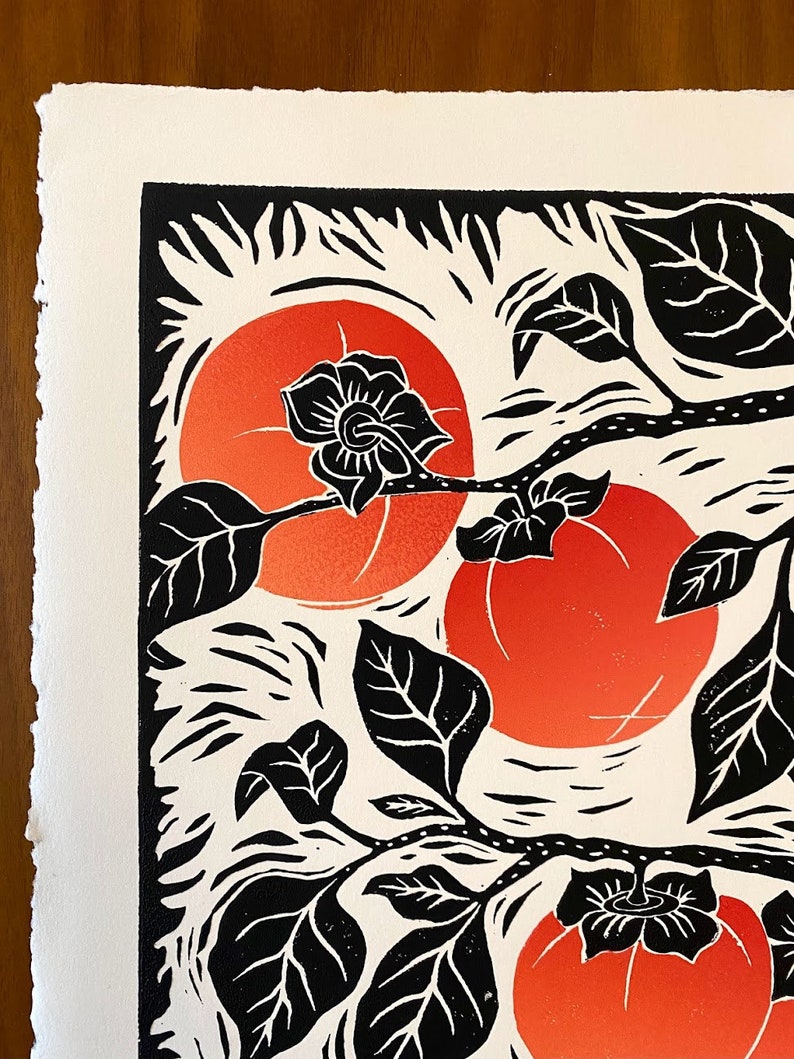 Persimmon Linocut Print Colorful Fruit | Etsy