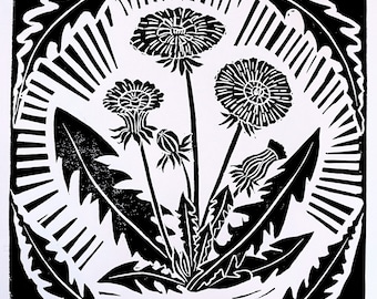 Stampa linoleografica di tarassaco: stampa botanica in bianco e nero