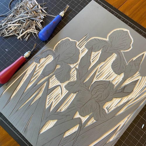 Bearded Iris - shops Black and White block print - large linocut print