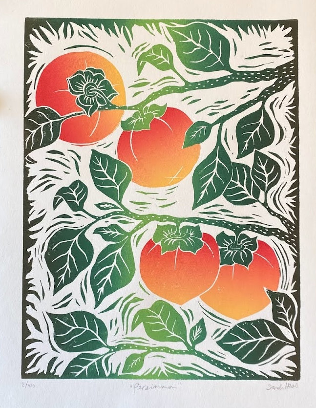 Persimmon Block Print: Multi-color Linoleum Print, 11x14 Cotton
