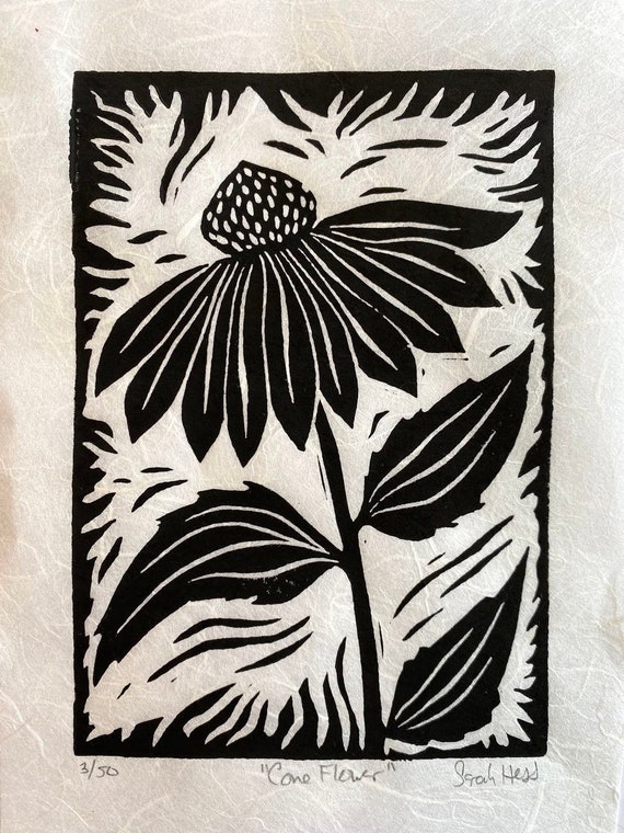 Cone Flower Black and White Block Print Linocut Print 