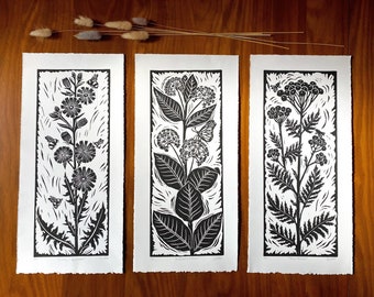 Set of 3 wildflower block prints - printmaking - linocut art