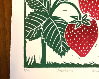 イチゴの木版画 - カラフルなリノカット版画 - Etsy 日本