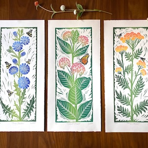 Set of 3 Wildflower and Pollinators block prints - linocut art