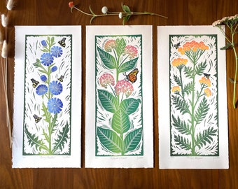 Set of 3 Wildflower and Pollinators block prints - linocut art