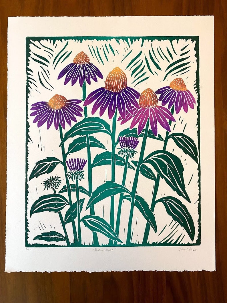 Echinacea - Handmade linocut print - floral art - large block print - botanical print 