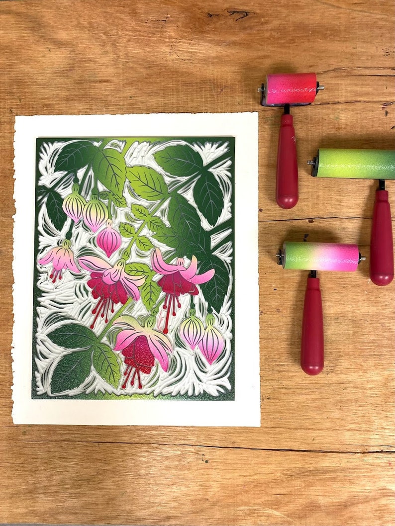 Fuchsia block print colorful flower linocut floral block print image 8