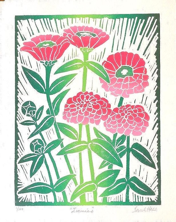 Zinnias Block Print: Handmade Linocut Floral Art, Signed