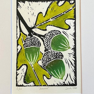 Acorns - Block Print - Linocut - Botanical Print - matted art- Colorful Artwork - Oak Leaves