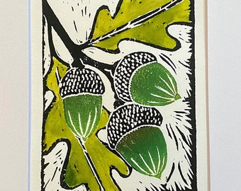 Bolotas - Xilogravura - Linogravura - Gravura Botânica - Arte com Passe-Partout - Obra de Arte Colorida - Folhas de Carvalho