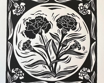 Carnations - block print - black and white flowers - January birth month flower