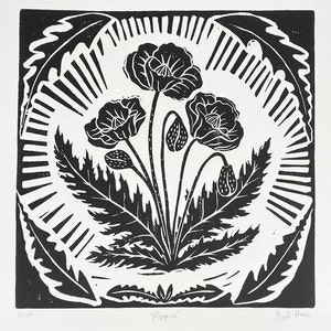 Poppies - black and white block print - botanical linocut art - poppies illustration
