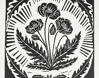 Poppies - black and white block print - botanical linocut art - poppies illustration