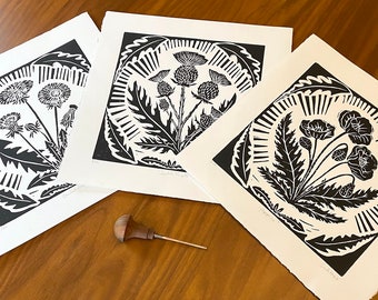 Set of 3 block prints - Dandelions - Poppies - Thistle - linocut prints - black and white