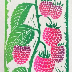Raspberries Block Print -  Colorful Linocut Print