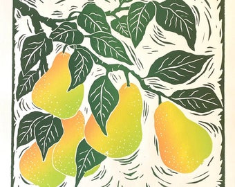 Bartlett Pear - Pear block print - color linocut art