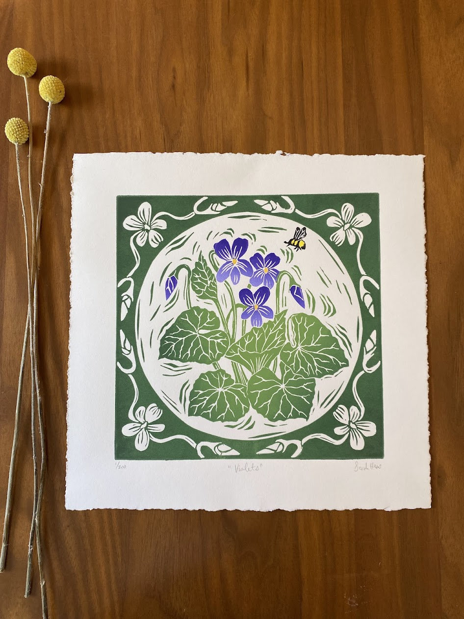 Violets - Flower Block Print - February Birth Month Flower - Multi