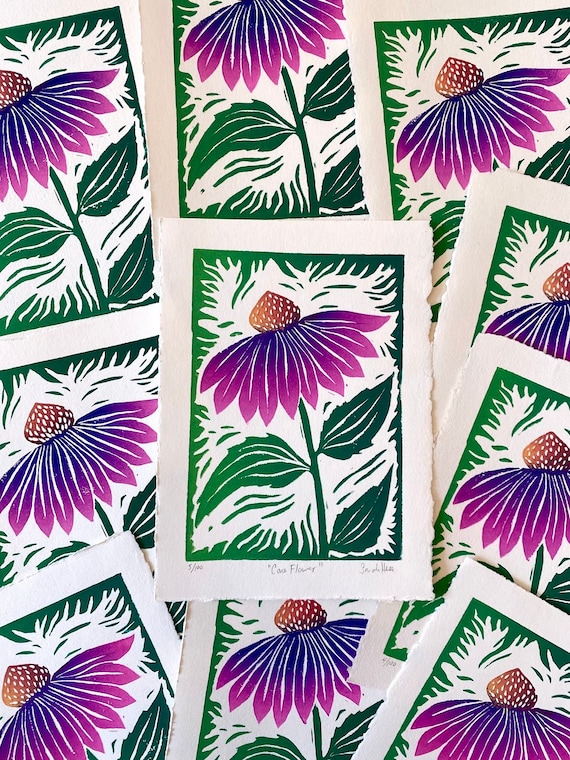 Cone Flower - Block Print - Colorful Linocut Print - Etsy
