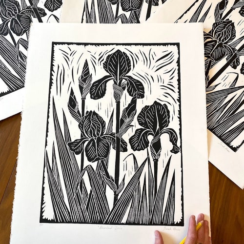 Bearded Iris - shops Black and White block print - large linocut print
