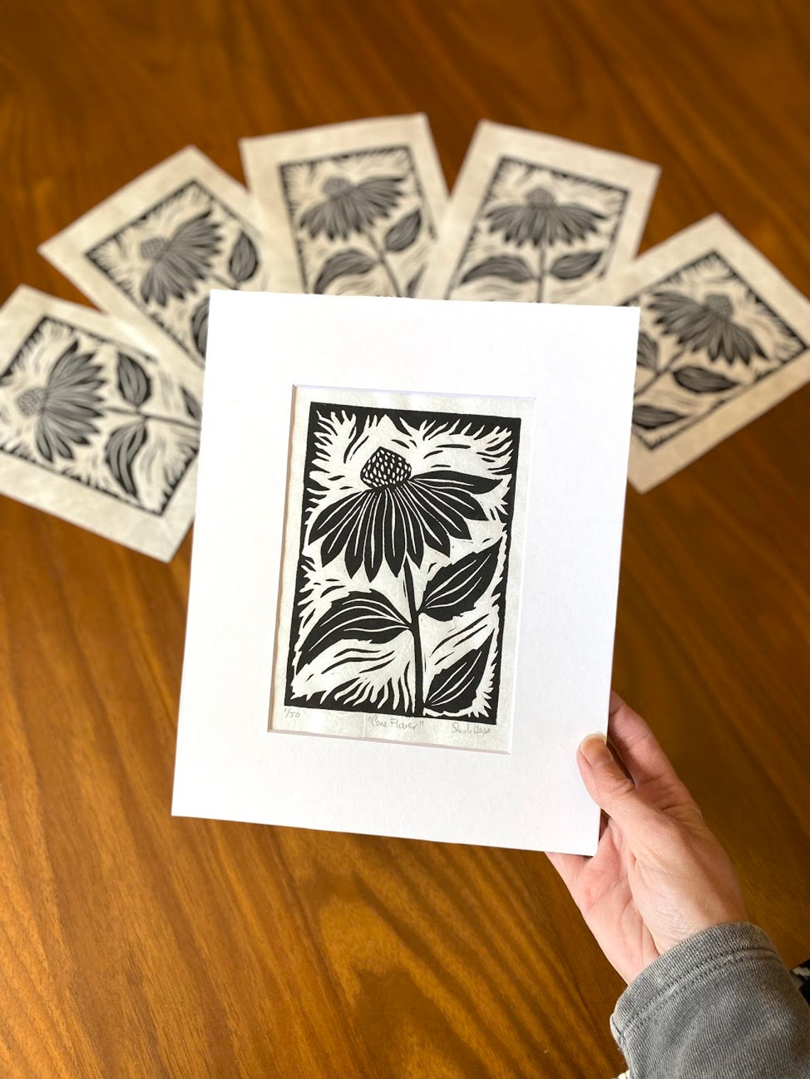 Cone Flower Black and White Block Print Linocut Print Etsy