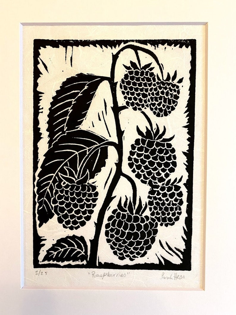 Rasperries Block Print - Black and White Print - Linocut - Etsy