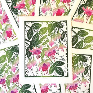 Fuchsia block print colorful flower linocut floral block print image 6