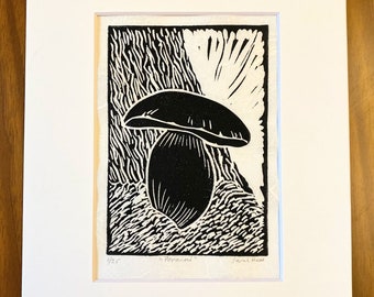 Porcini Mushroom - Linocut Print - Black and White Pint - Mushroom Print - Kitchen Art -