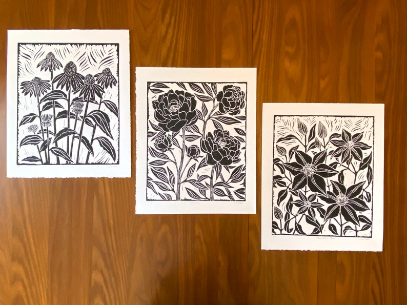 Large Linocut Print Peonies Black and White Block Print - Etsy