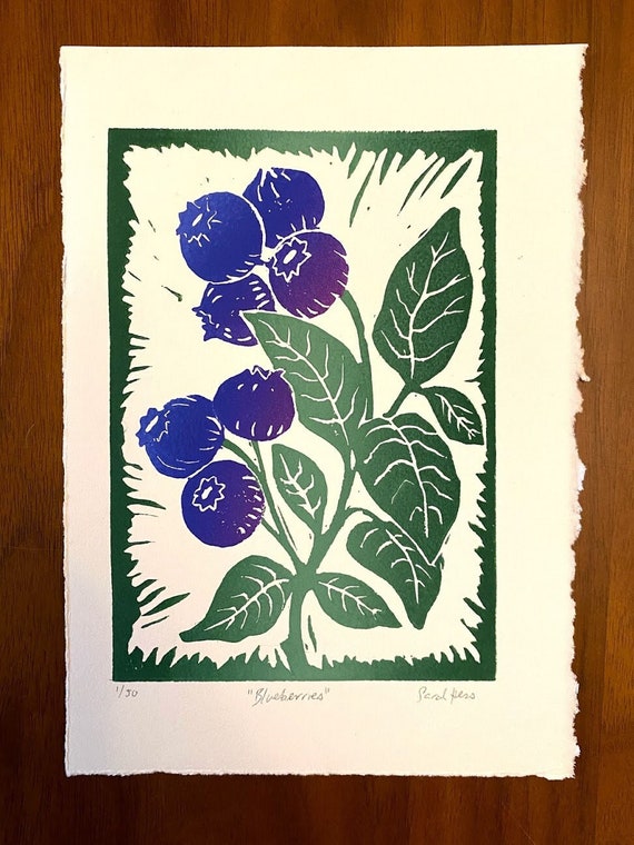 Blueberries Block Print Colorful Linocut Print - Etsy