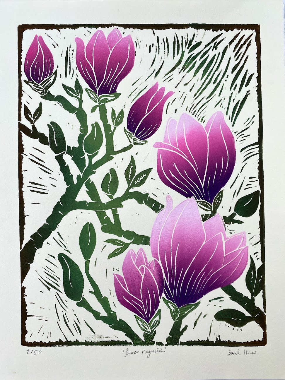 Saucer Magnolia Handmade Block Print Linocut Botanical Etsy