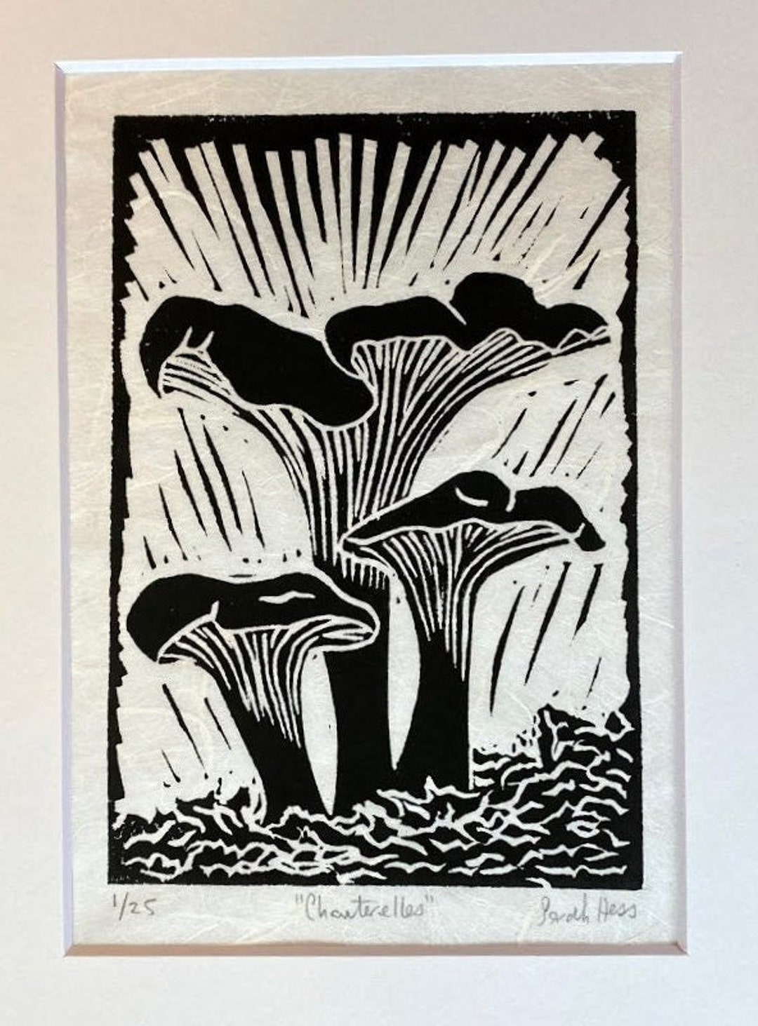 Chanterelles Linocut Print: Handmade Mushroom Block Print on