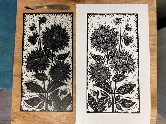 Leaderfins*flowerデザインロングフィン＊ホワイトブラック Dahlias Block Print: Black and White Flower Linocut Art - Etsy