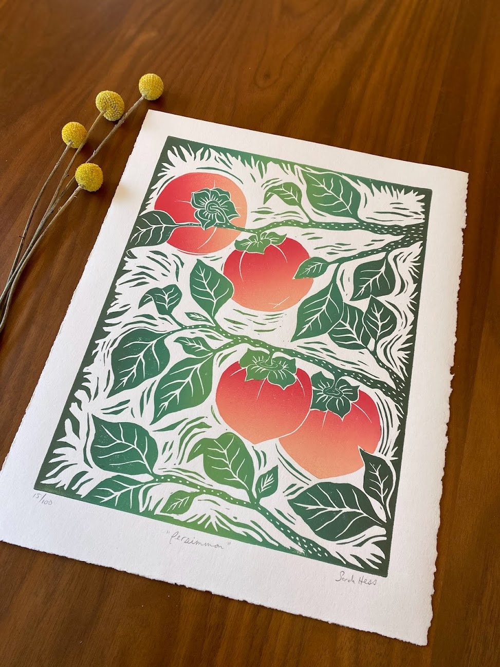 Persimmon Block Print: Multi-color Linoleum Print, 11x14 Cotton