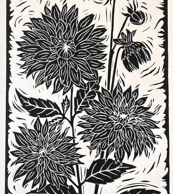 Dahlias Block Print: Black and White Flower Linocut Art - Etsy
