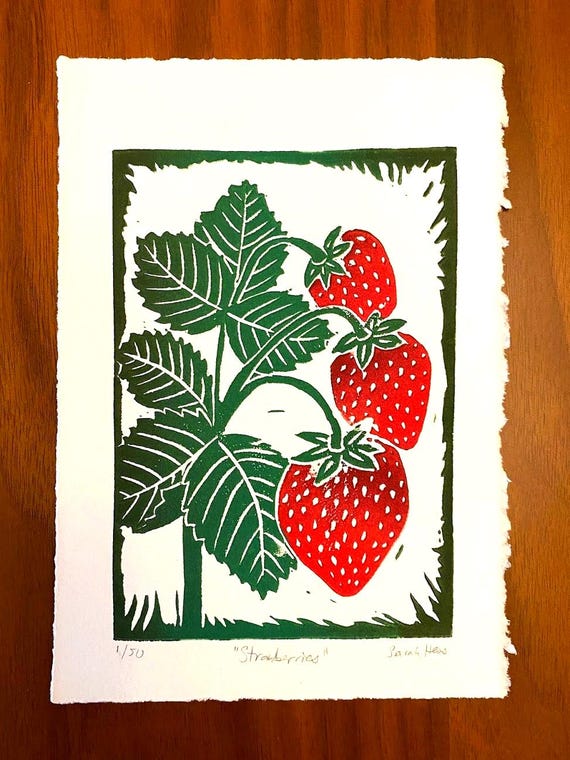 イチゴの植物画 リトグラフ イチゴの木版画 - カラフルなリノカット版画 - Etsy 日本