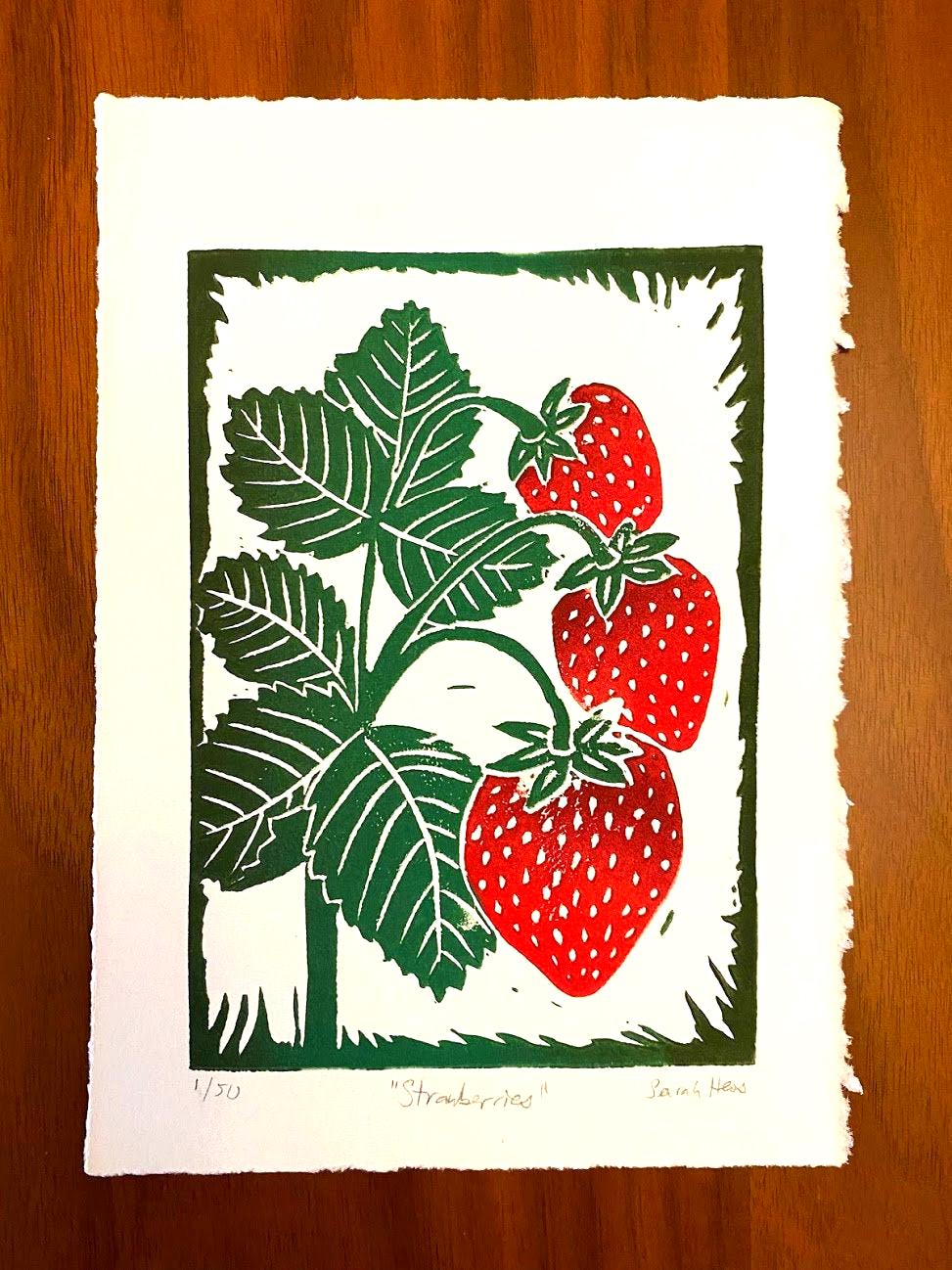 Strawberries Block Print - Colorful Linocut Print - Etsy