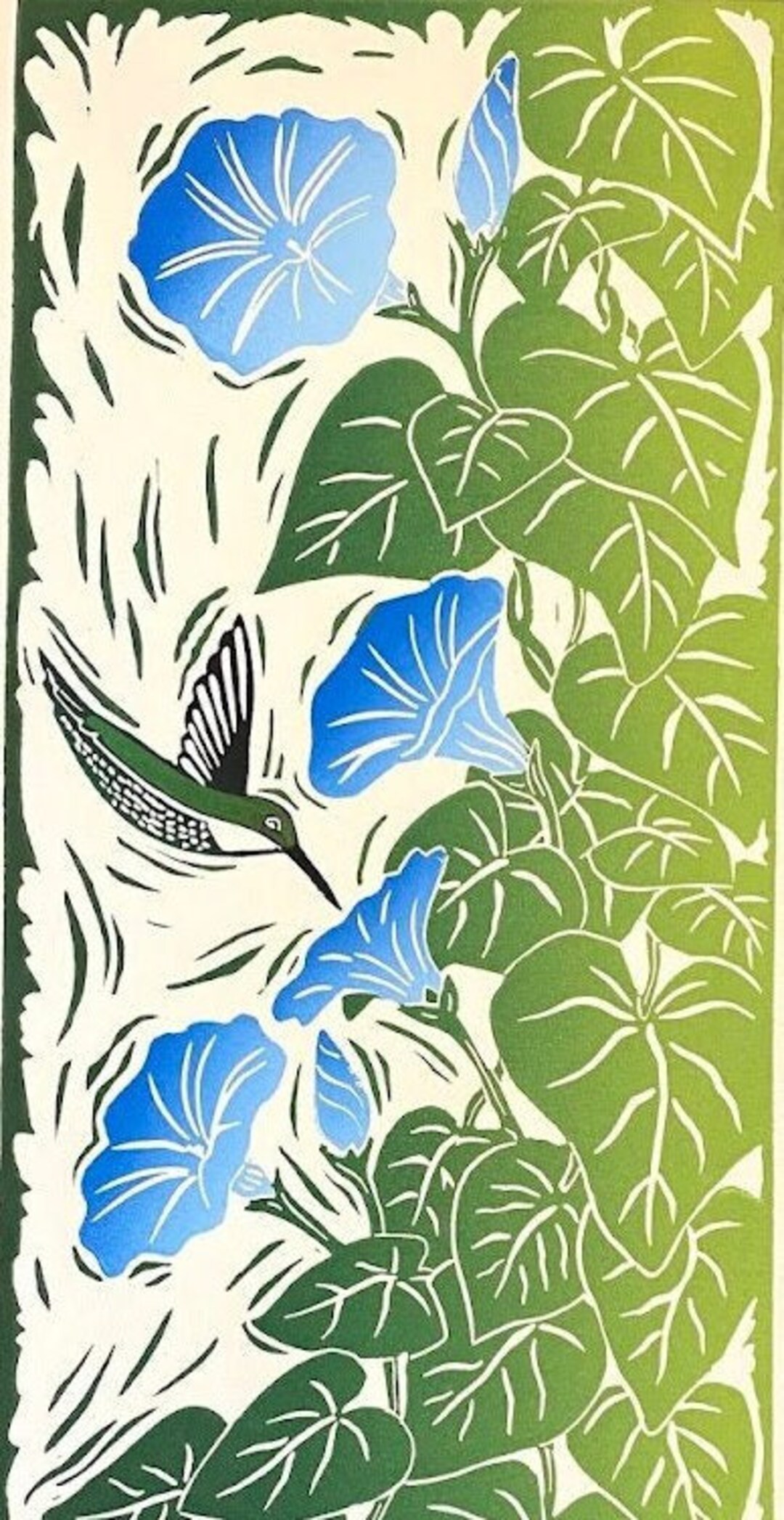 Morning Glories & Hummingbird - Block Print - Linocut Art - Etsy