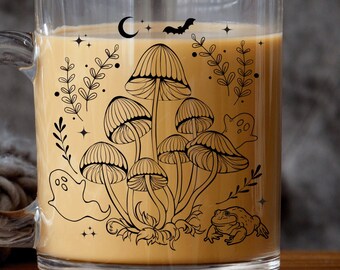 Mushroom Mug Halloween Ghost Mug Goblincore Decor Cottagecore Mug Mushroom Cup Forest Mug Glass Mug Witchy Mug Frog Mug Plant Lover Mug