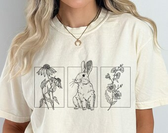 Rabbit Shirt Vintage Botanical T Shirt Cottagecore Shirt Rabbit Lover Gift Wildflower Shirt Bunny Shirt Gardener Shirt Nature Aesthetic