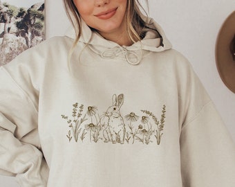 Rabbit Hoodie Rabbit and Wildflower Hoodie Bunny Hoodie Cottage Core Hoodie Botanical Hoodie Nature Aesthetic Cottagecore Clothing