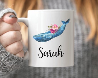 Personalized Blue Whale Mug Cute Whale Lovers Gift Blue Whale Gift Watercolor Coffee Mug