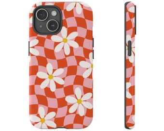 Wavy Checkered Phone Case Daisy Phone Case Warped Checkerboard Pink and Red Case Summer Phone Case Gift for Her iPhone Pro Max Tough MagSafe