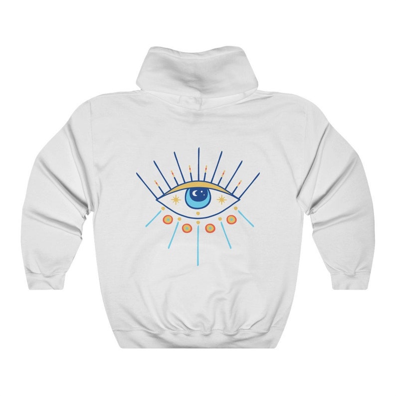 May include: White hooded sweatshirt with a blue eye with a yellow iris and white stars around it. The eye is surrounded by blue and orange rays.