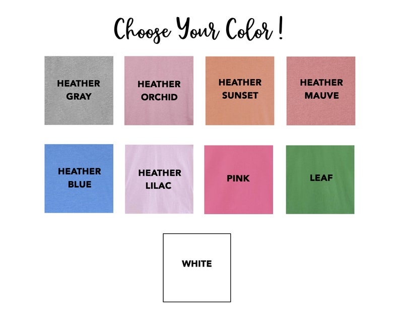 Puede incluir: Una carta de colores que muestra 10 opciones de colores diferentes para camisetas, tanto en tonos lisos como en tonos jaspeado. Los colores incluyen gris jaspeado, orqu&iacute;dea jaspeado, atardecer jaspeado, malva jaspeado, azul jaspeado, lila jaspeado, rosa, hoja y blanco.