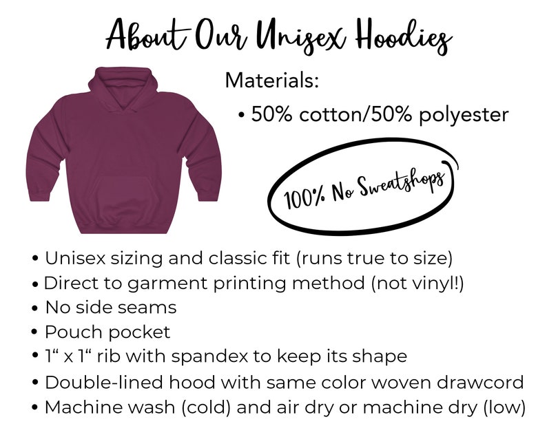 May include: A maroon unisex hoodie with a pouch pocket and a double-lined hood. The hoodie is made of 50% cotton and 50% polyester. The text "100% No Sweatshops" is printed on a white oval.