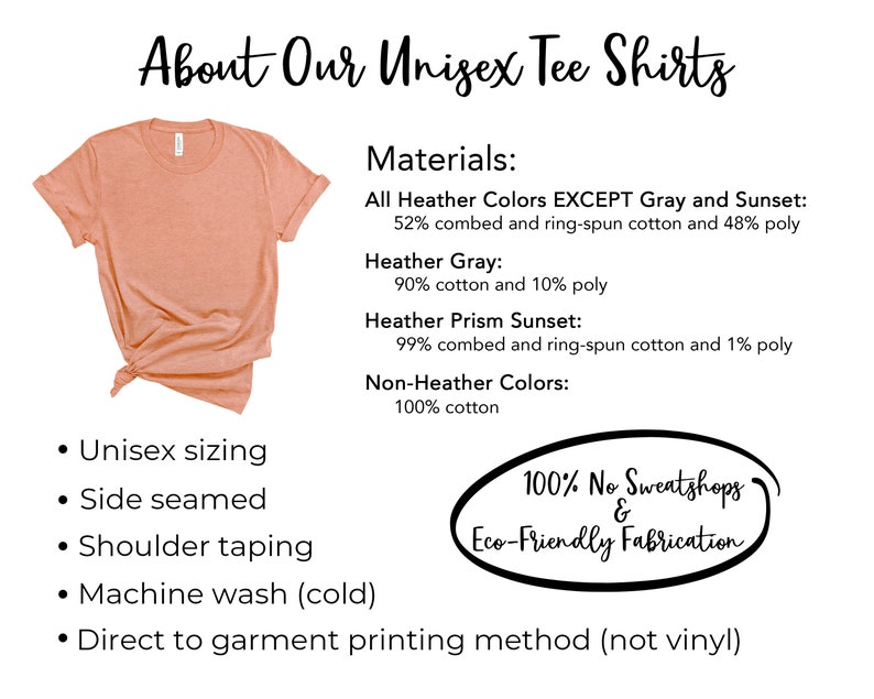 May include: A close-up of a coral-colored unisex t-shirt with a crew neck and short sleeves. The shirt is made of 100% cotton and is printed with the text "About Our Unisex Tee Shirts" and "Materials: All Heather Colors EXCEPT Gray and Sunset: 52% combed and ring-spun cotton and 48% poly Heather Gray: 90% cotton and 10% poly Heather Prism Sunset: 99% combed and ring-spun cotton and 1% poly Non-Heather Colors: 100% cotton 100% No Sweatshops & Eco-Friendly Fabrication". The shirt is also described as having unisex sizing, side seams, shoulder taping, machine wash (cold), and direct to garment printing method (not vinyl).